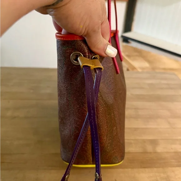 Etro Milano Brown Paisley Medium Shopper Tote Bag with Neon Trim & Straps - Picture 3 of 14